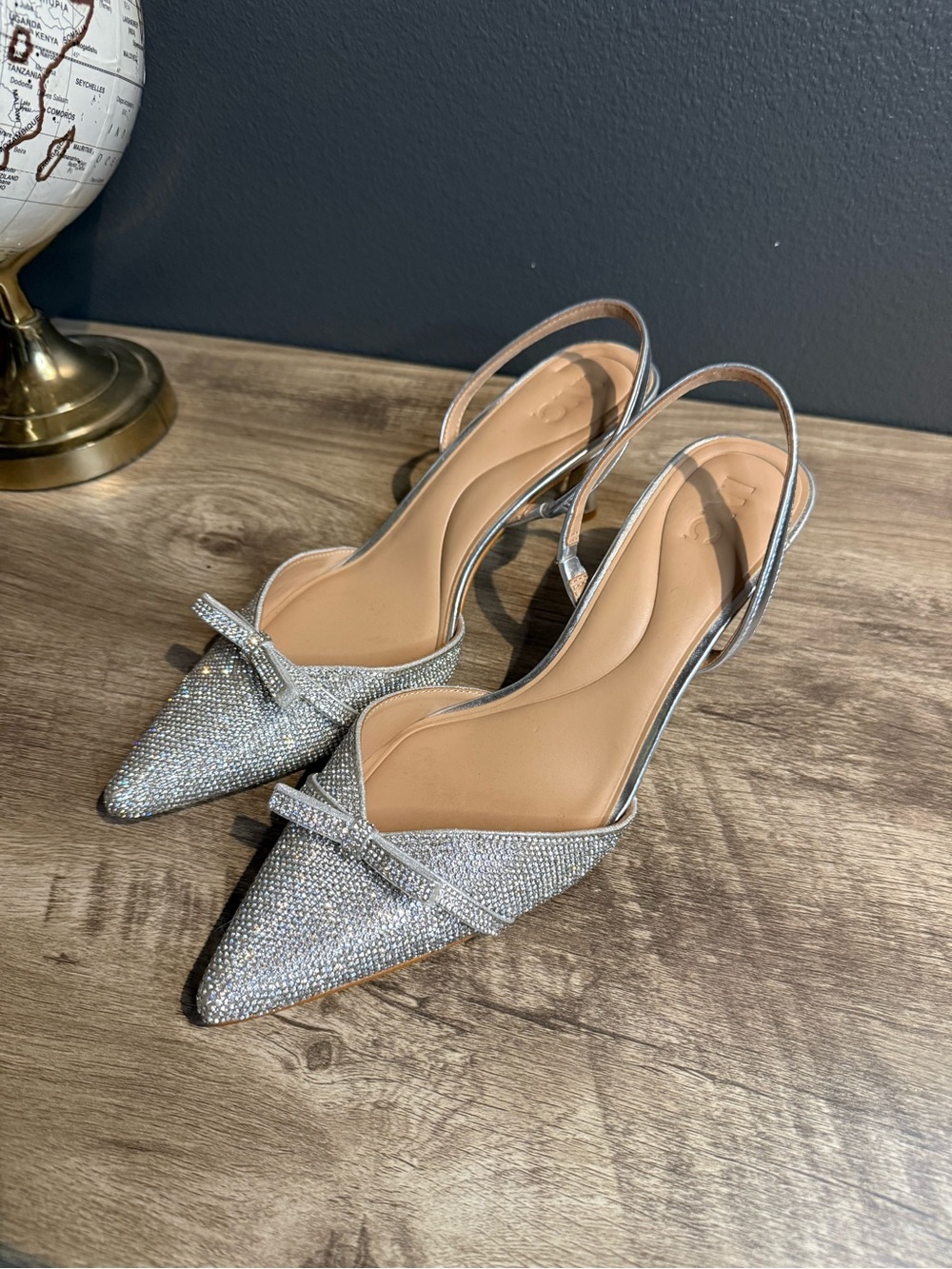 INC International Concepts Silver Rhinestone Slingback Pointed Flats with Bow